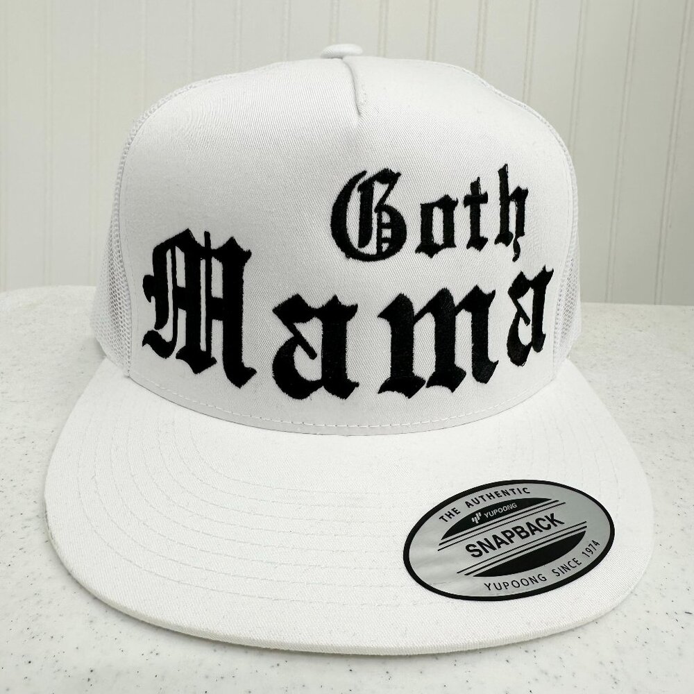 Goth Mama Trucker Hat Embroidered White Unisex YP Classics Emo Witch Mom Gift